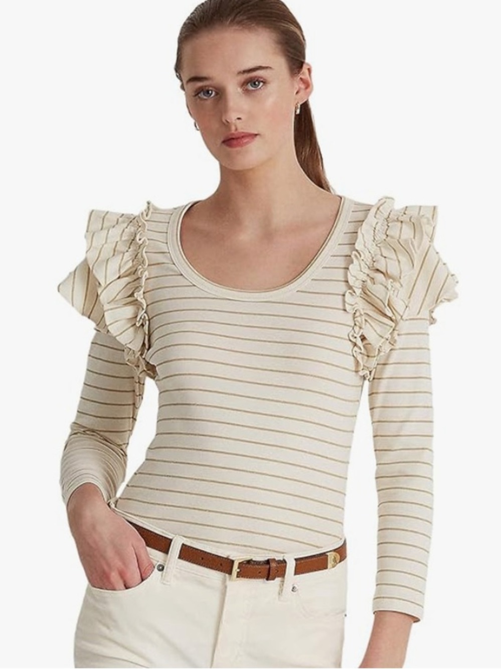 Lauren Ralph Lauren Striped Ruffle Shoulder Gold Shimmer Top 1X Winter Cream